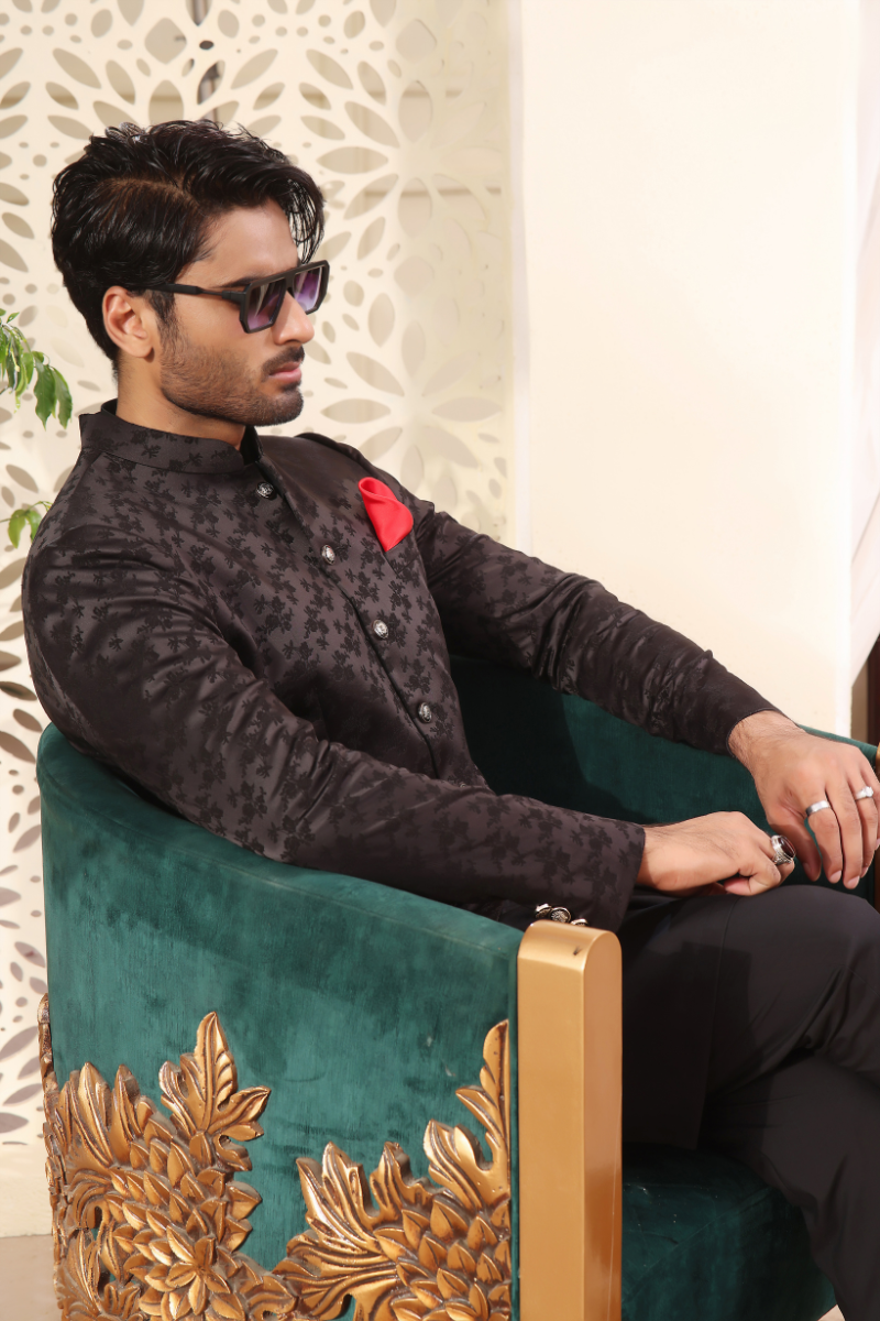 Black Embossed Floral Jacquard Prince Coat (3-Piece) - Image 3