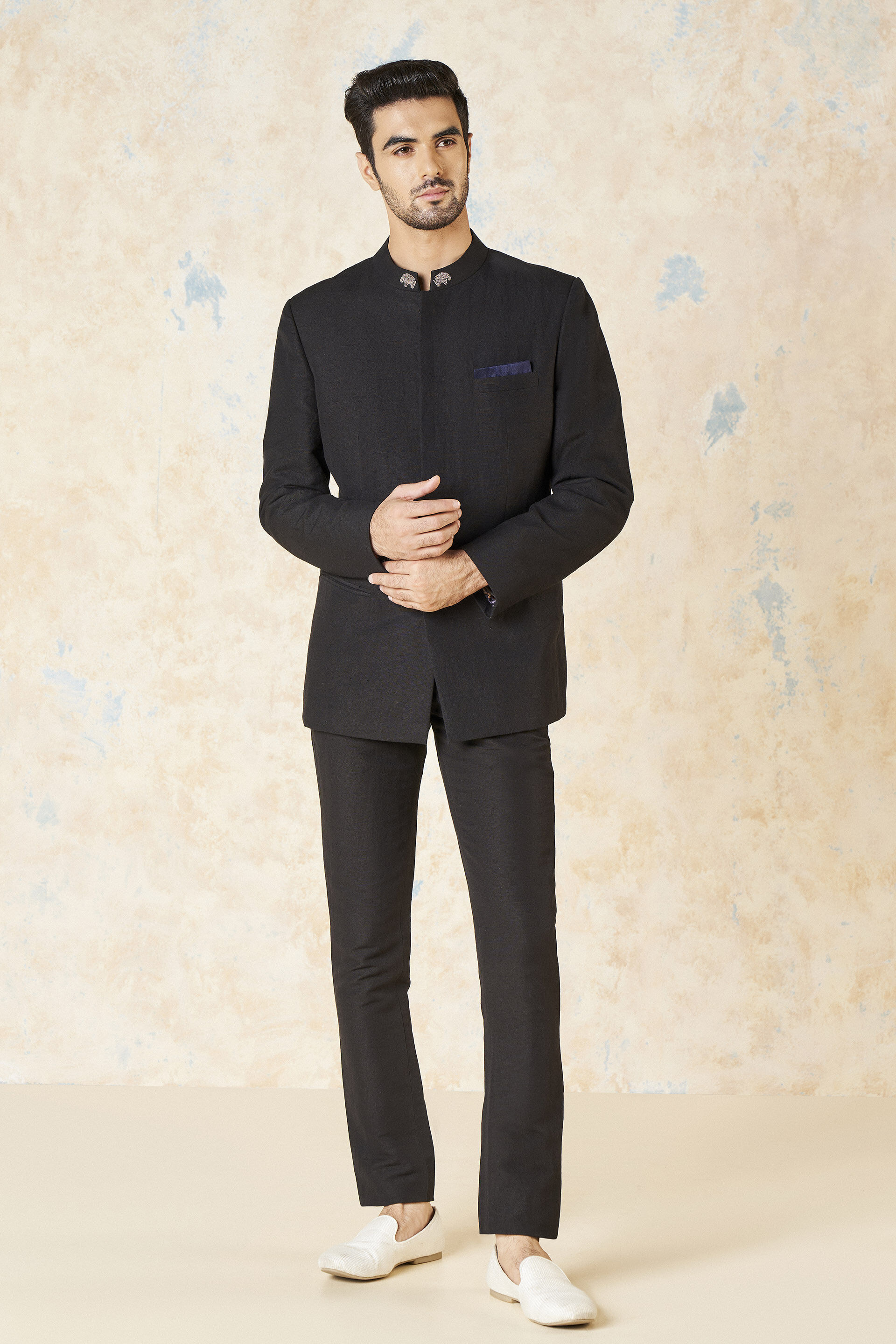 Black Haathi Embroidered Linen-Cotton Prince Coat (2-Piece) - Image 1