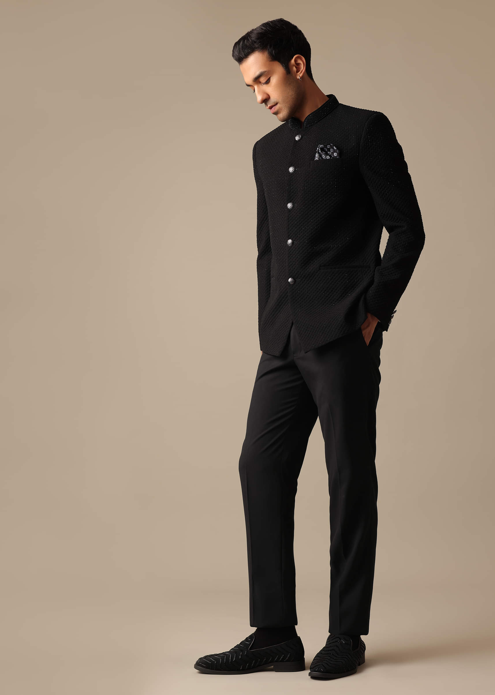 Black Textured Polyester Jodhpuri Prince Coat (2-Piece) - Image 3
