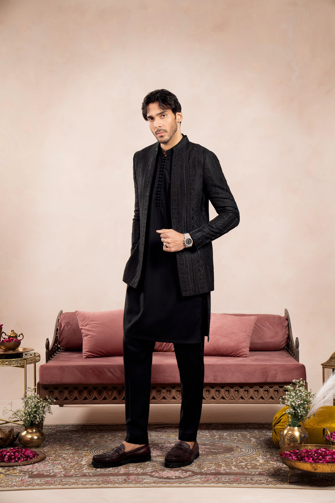 Black Embroidered Raw Silk Prince Coat (3-Piece) - Image 1