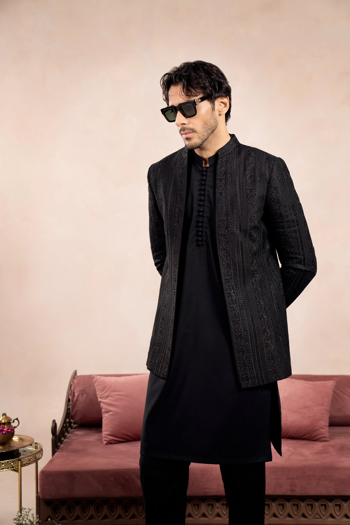 Black Embroidered Raw Silk Prince Coat (3-Piece) - Image 5
