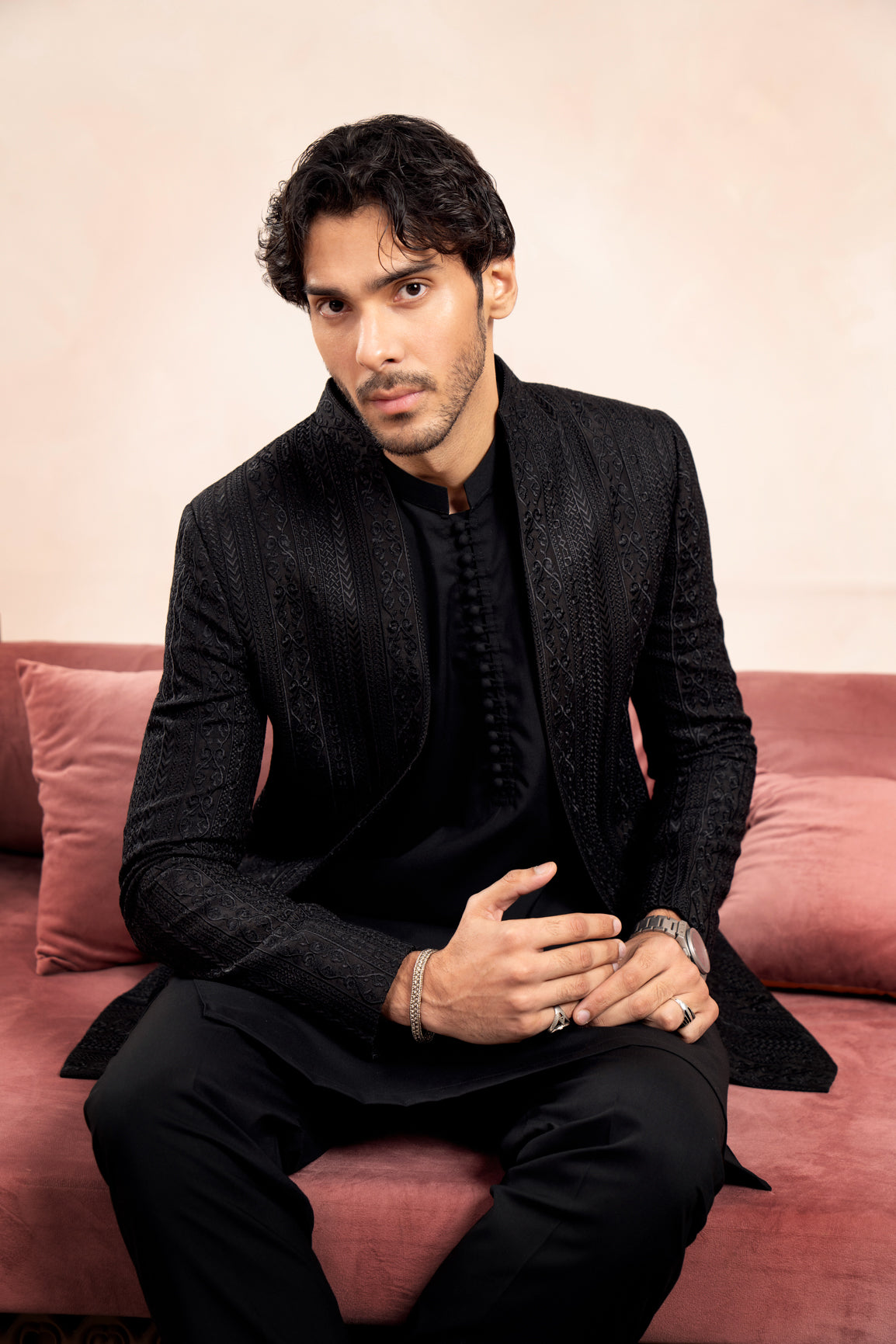 Black Embroidered Raw Silk Prince Coat (3-Piece) - Image 6