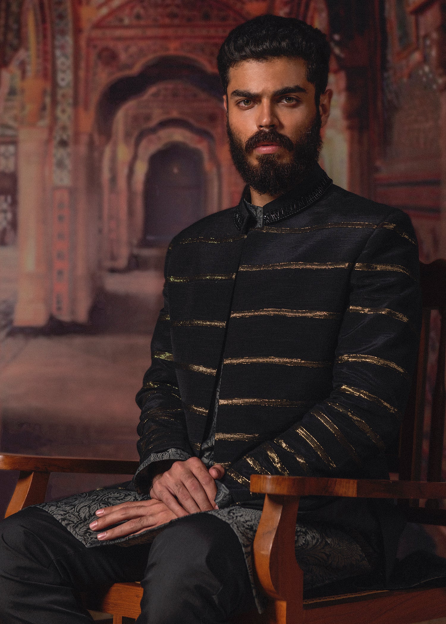 Black Embellished Raw Silk Prince Coat (3-Piece) - Image 1