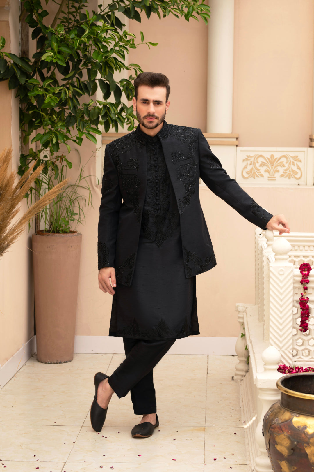 Black Embroidered Silk Prince Coat (3-Piece) - Image 1