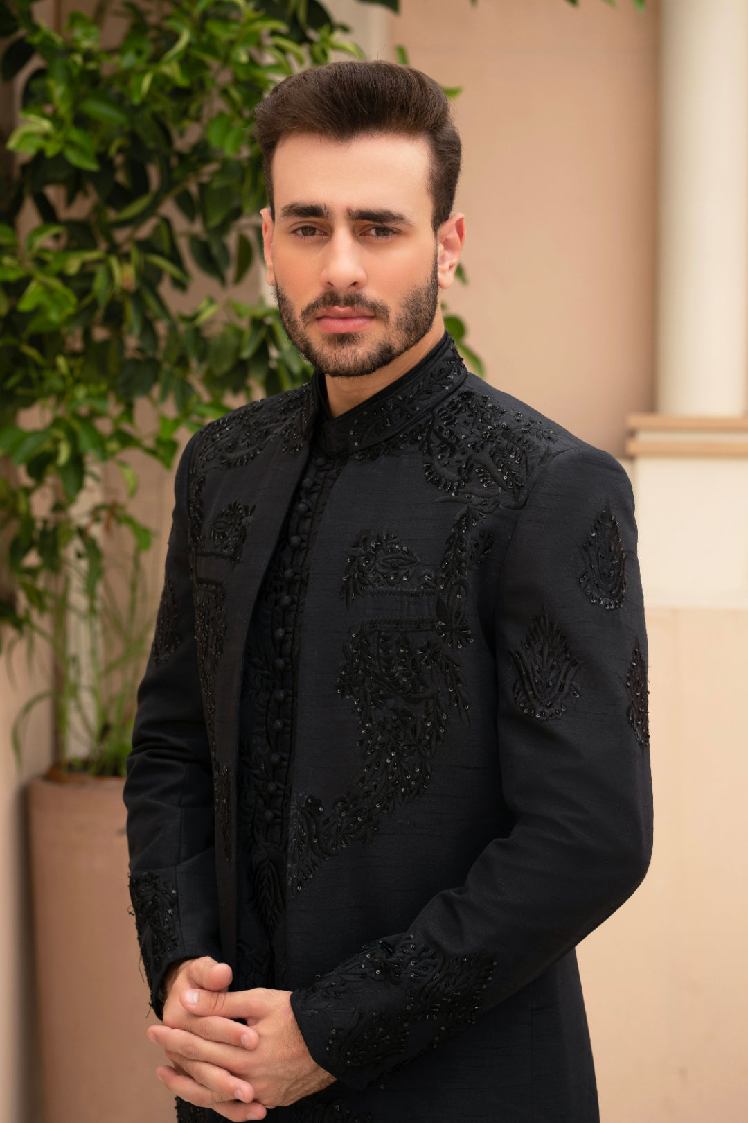 Black Embroidered Silk Prince Coat (3-Piece) - Image 3