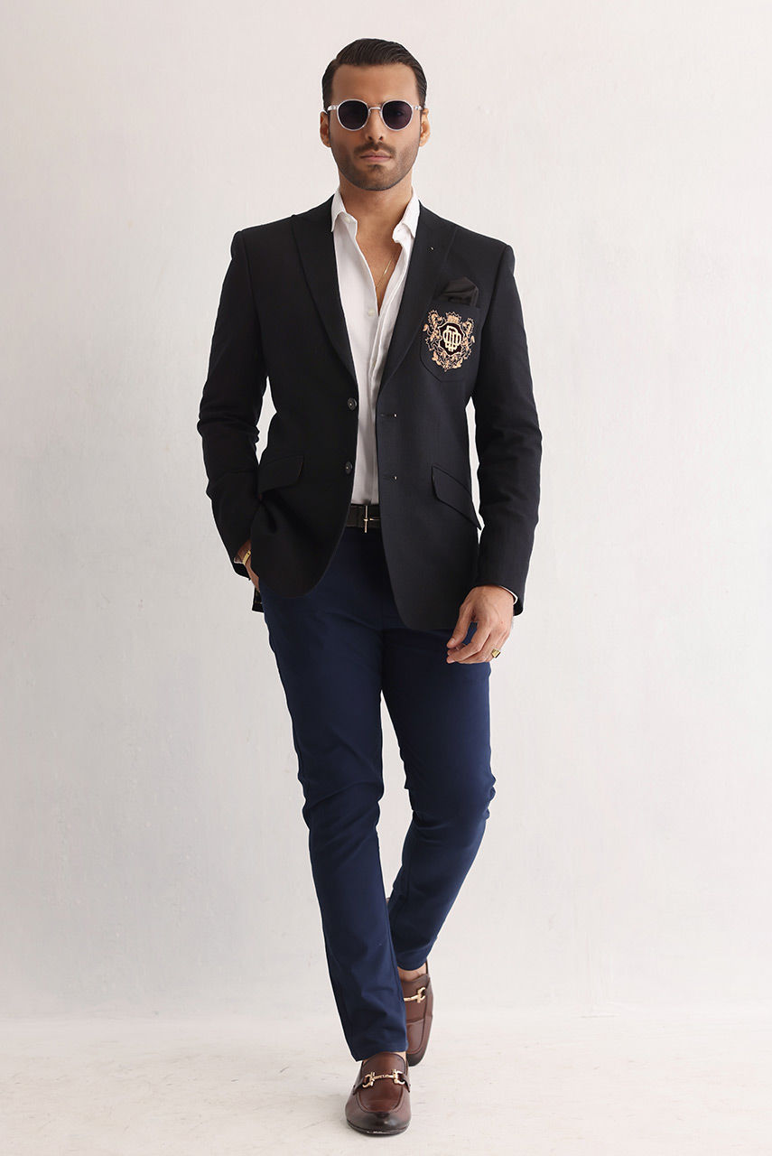 Black Embroidered Suiting Prince Coat (3-Piece) - Image 1