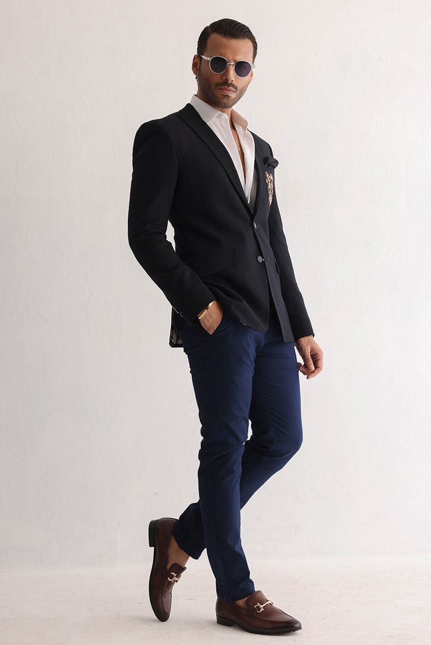 Black Embroidered Suiting Prince Coat (3-Piece) - Image 2