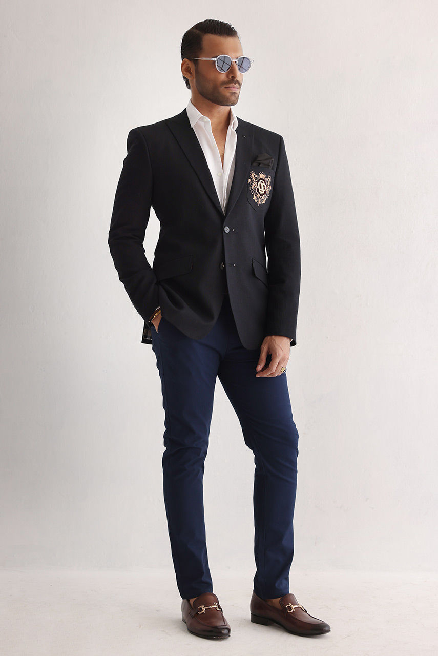 Black Embroidered Suiting Prince Coat (3-Piece) - Image 3