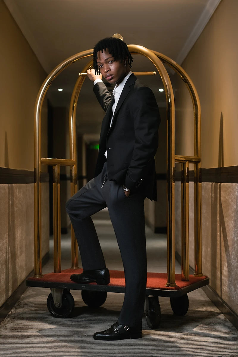 Jet Black Hem-Stitched Suiting Prince Coat (2-Piece) - Image 2