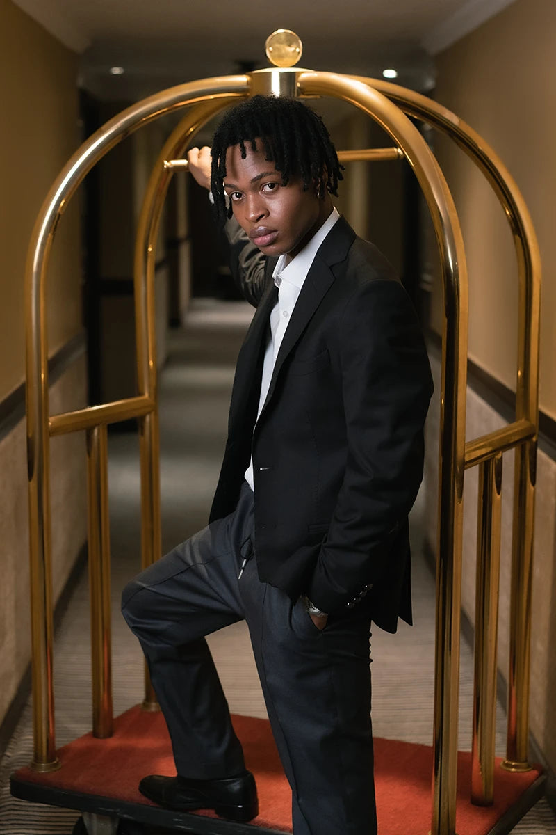 Jet Black Hem-Stitched Suiting Prince Coat (2-Piece) - Image 4