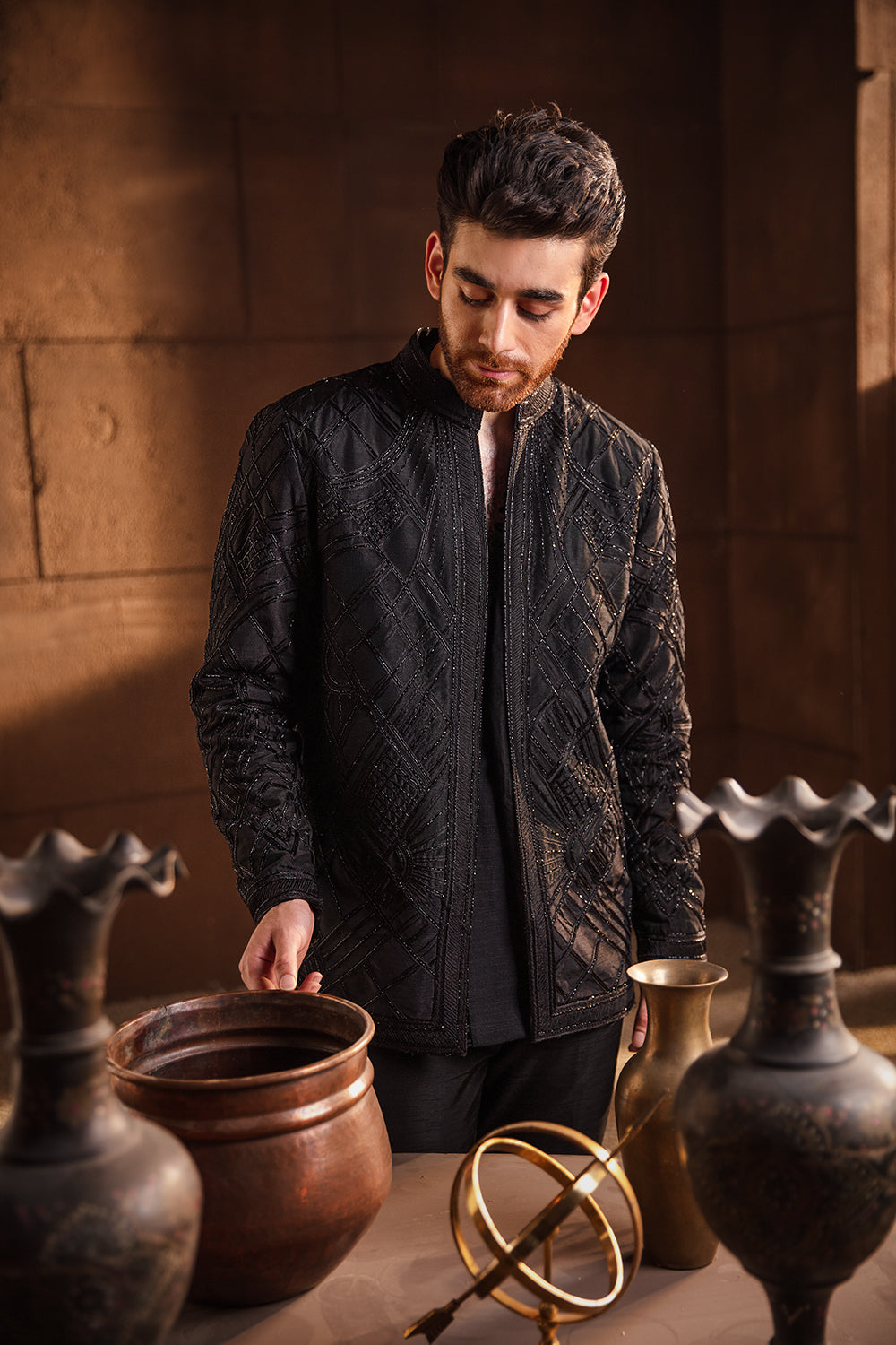 Black Geometric Embroidered Prince Coat (2-Piece) - Image 1