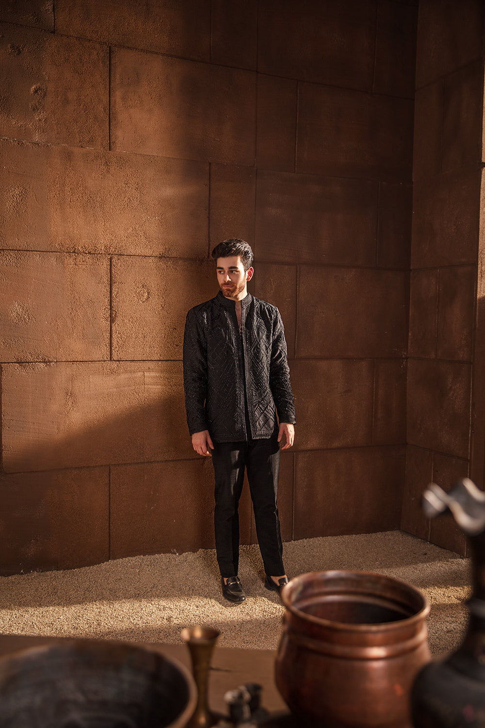 Black Geometric Embroidered Prince Coat (2-Piece) - Image 2