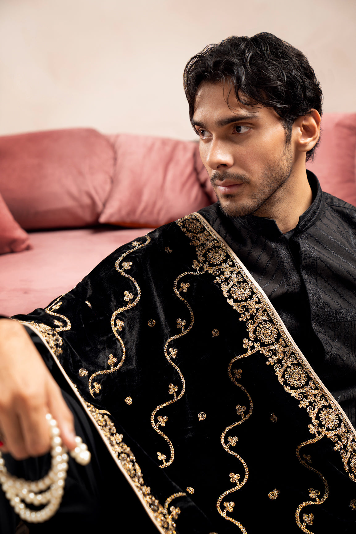 Black Velvet Embroidered Shawl (1-Pc) - Image 5