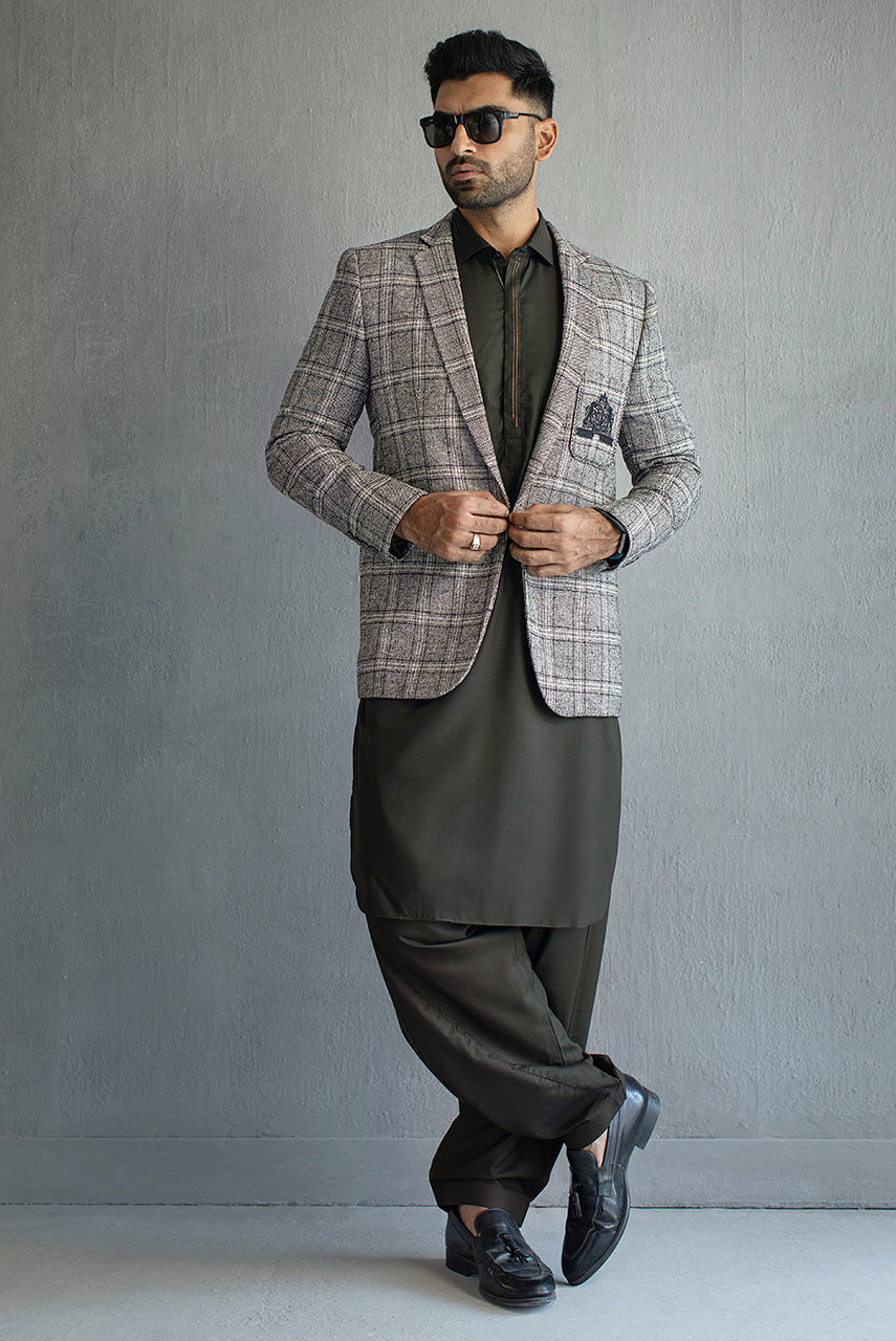 Black & White Check Woollen Prince Coat (1-Pc) - Image 1