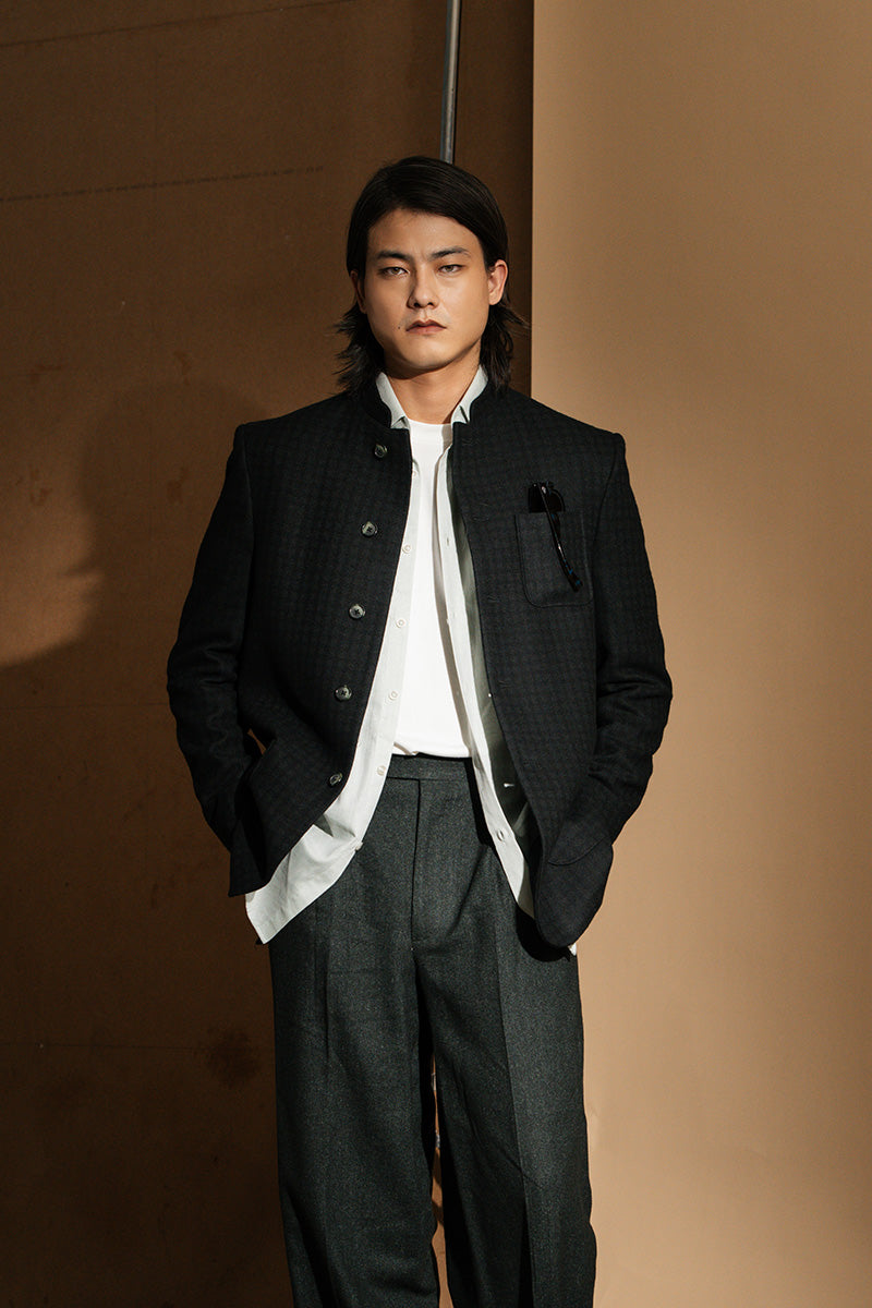 Black Checkered Wool Prince Jacket (1-Pc) - Image 1