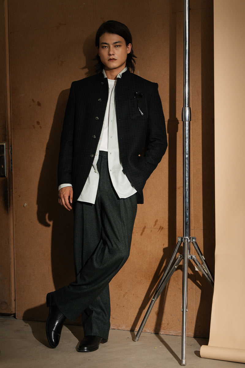 Black Checkered Wool Prince Jacket (1-Pc) - Image 2