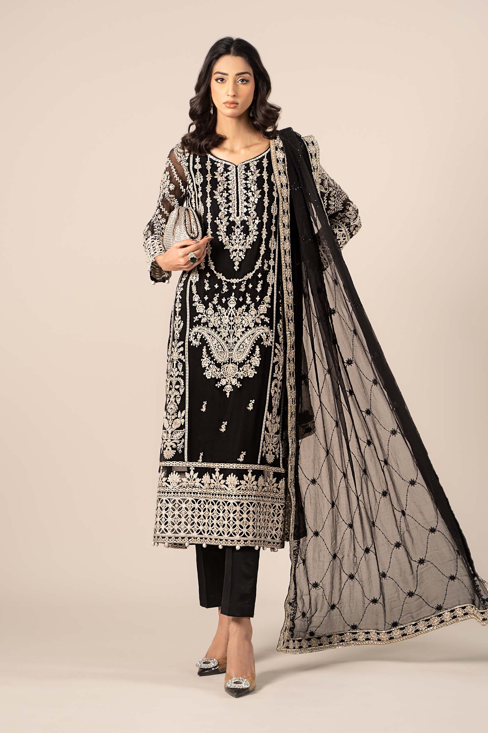 Black Embroidered Bamber Chiffon Salwar Kameez (3-Piece) - Image 2