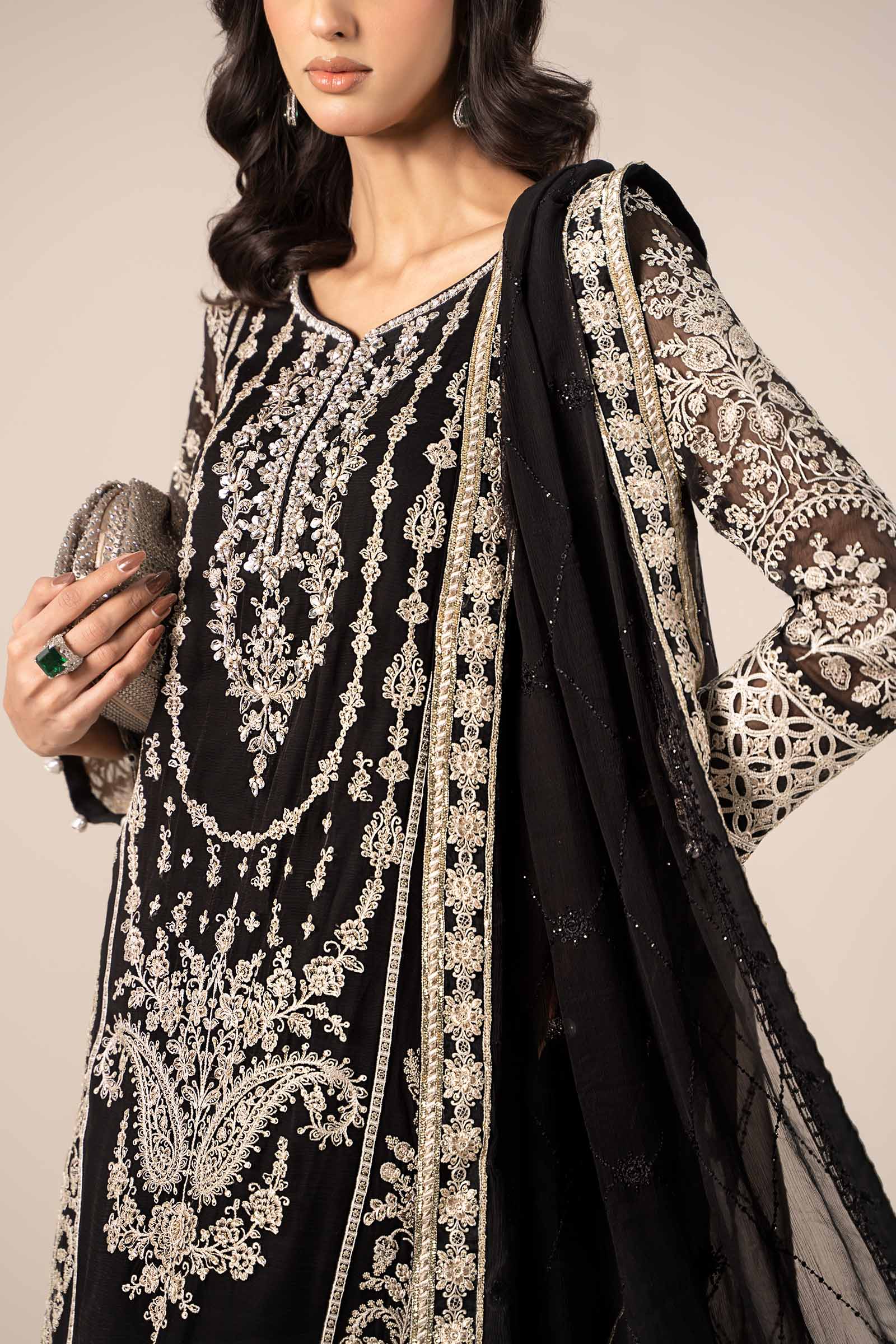 Black Embroidered Bamber Chiffon Salwar Kameez (3-Piece) - Image 3