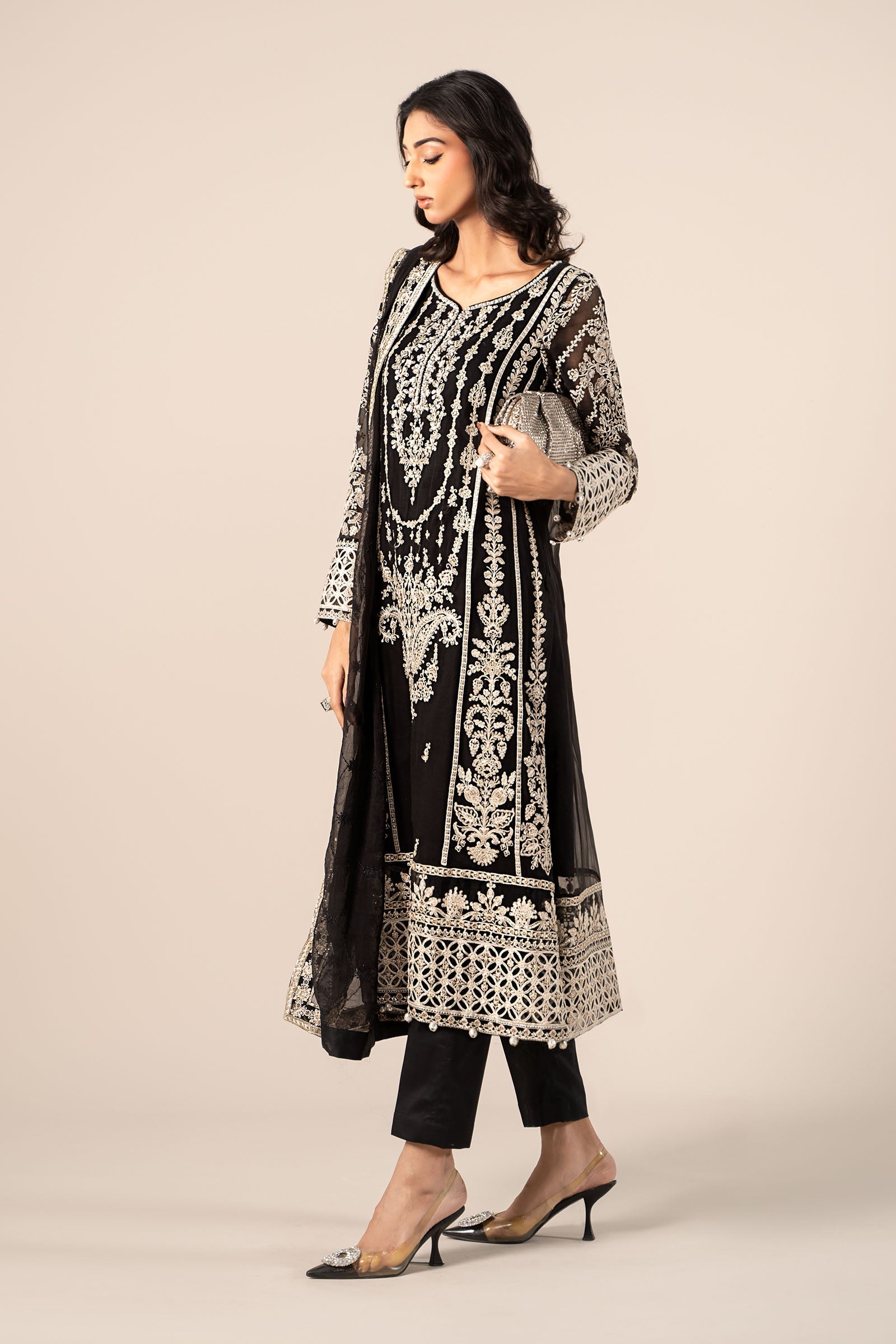Black Embroidered Bamber Chiffon Salwar Kameez (3-Piece) - Image 4