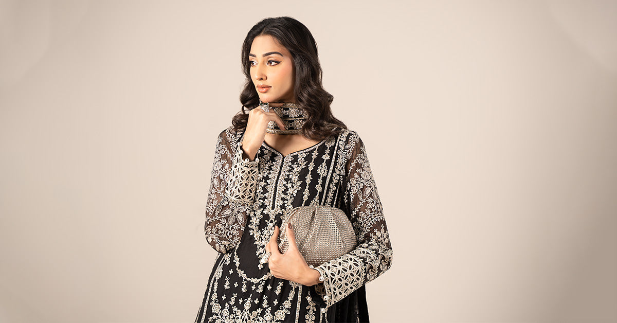 Black Embroidered Bamber Chiffon Salwar Kameez (3-Piece) - Image 6