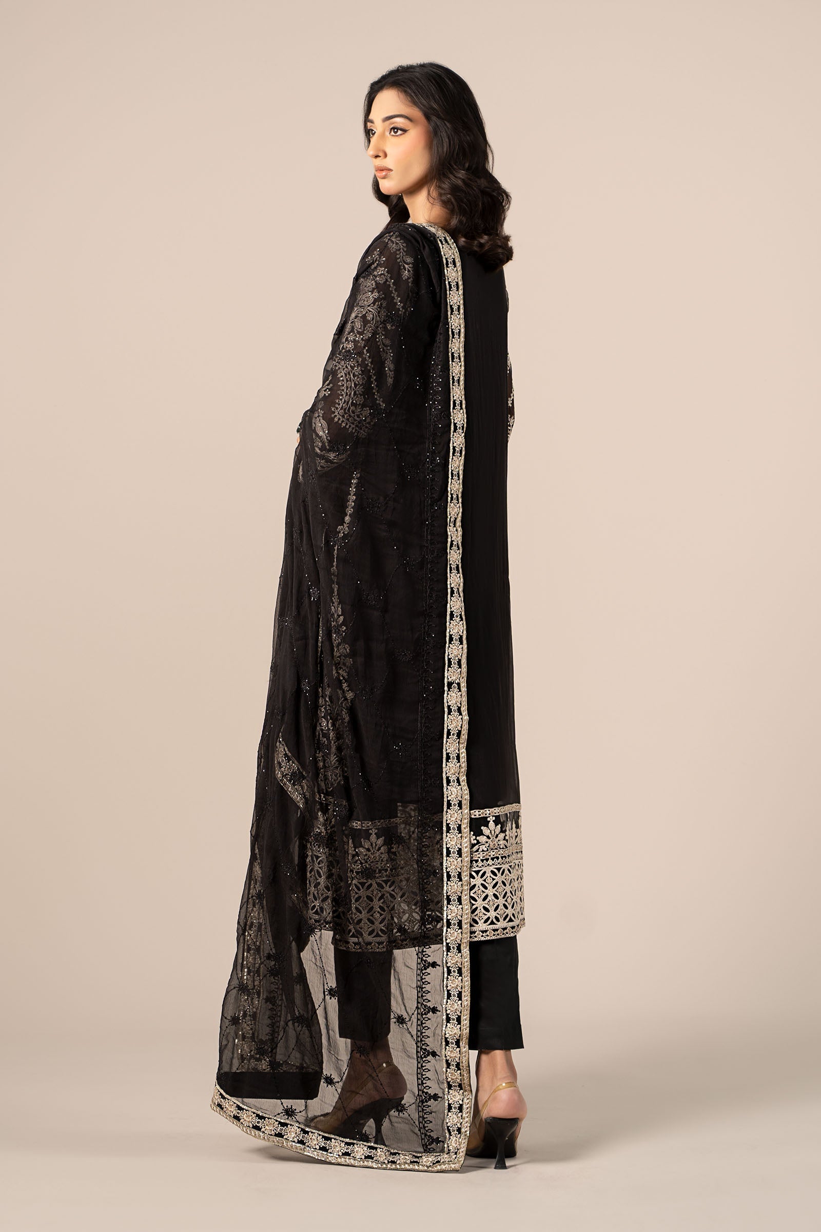 Black Embroidered Bamber Chiffon Salwar Kameez (3-Piece) - Image 7