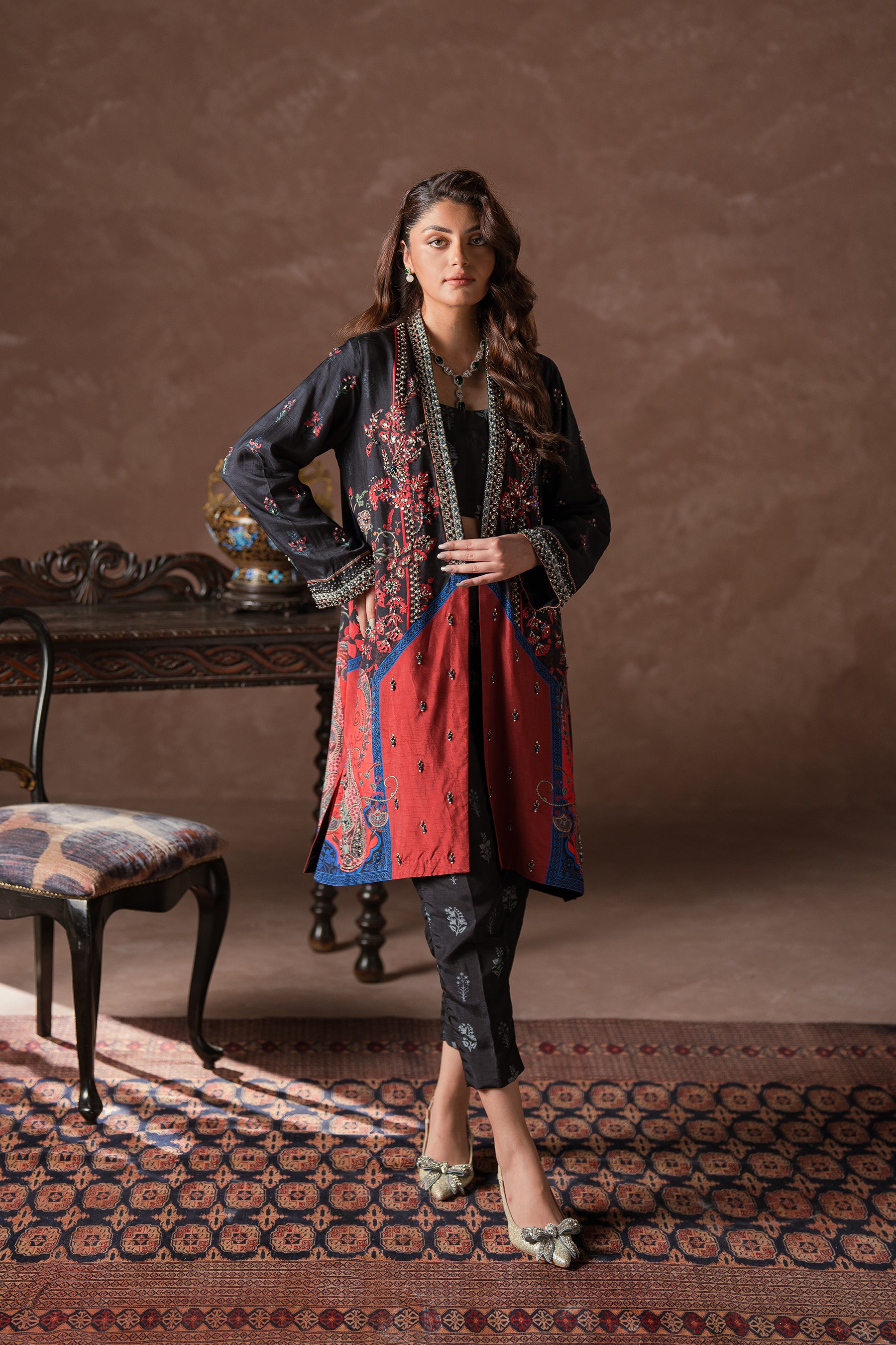 Pakistani Black Beaded Blended Silk Jacket Co-ord Set (3-Piece) - Image 1