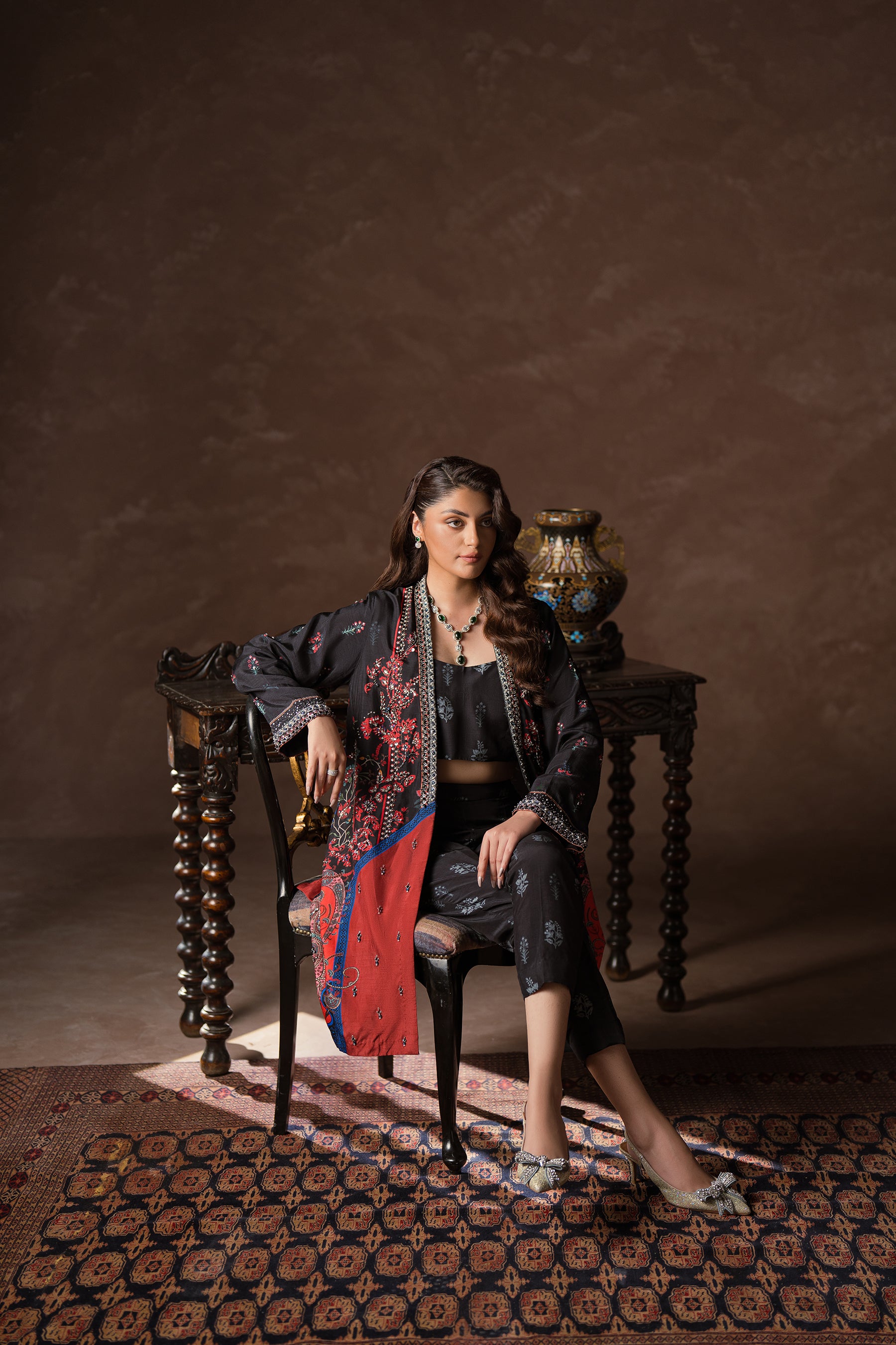 Pakistani Black Beadwork Blended Silk Jacket Co-ord (3-Piece) - Image 2