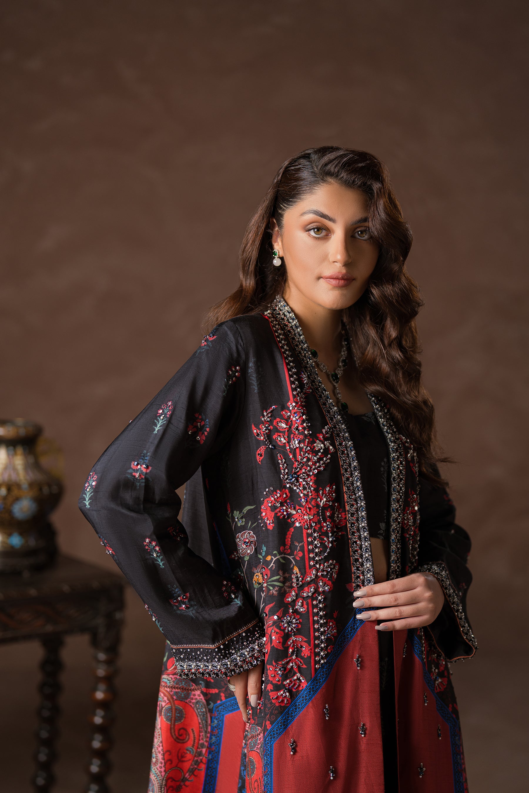 Pakistani Black Beadwork Blended Silk Jacket Co-ord (3-Piece) - Image 4