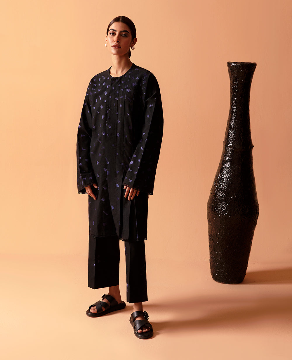 Black Embroidered Cambric Salwar Kameez (2-Piece) - Image 1