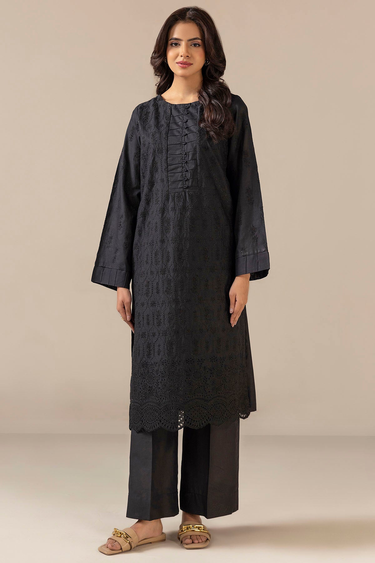 Black Schiffli Embroidered Cambric Lawn Salwar Kameez (2-Piece) - Image 1