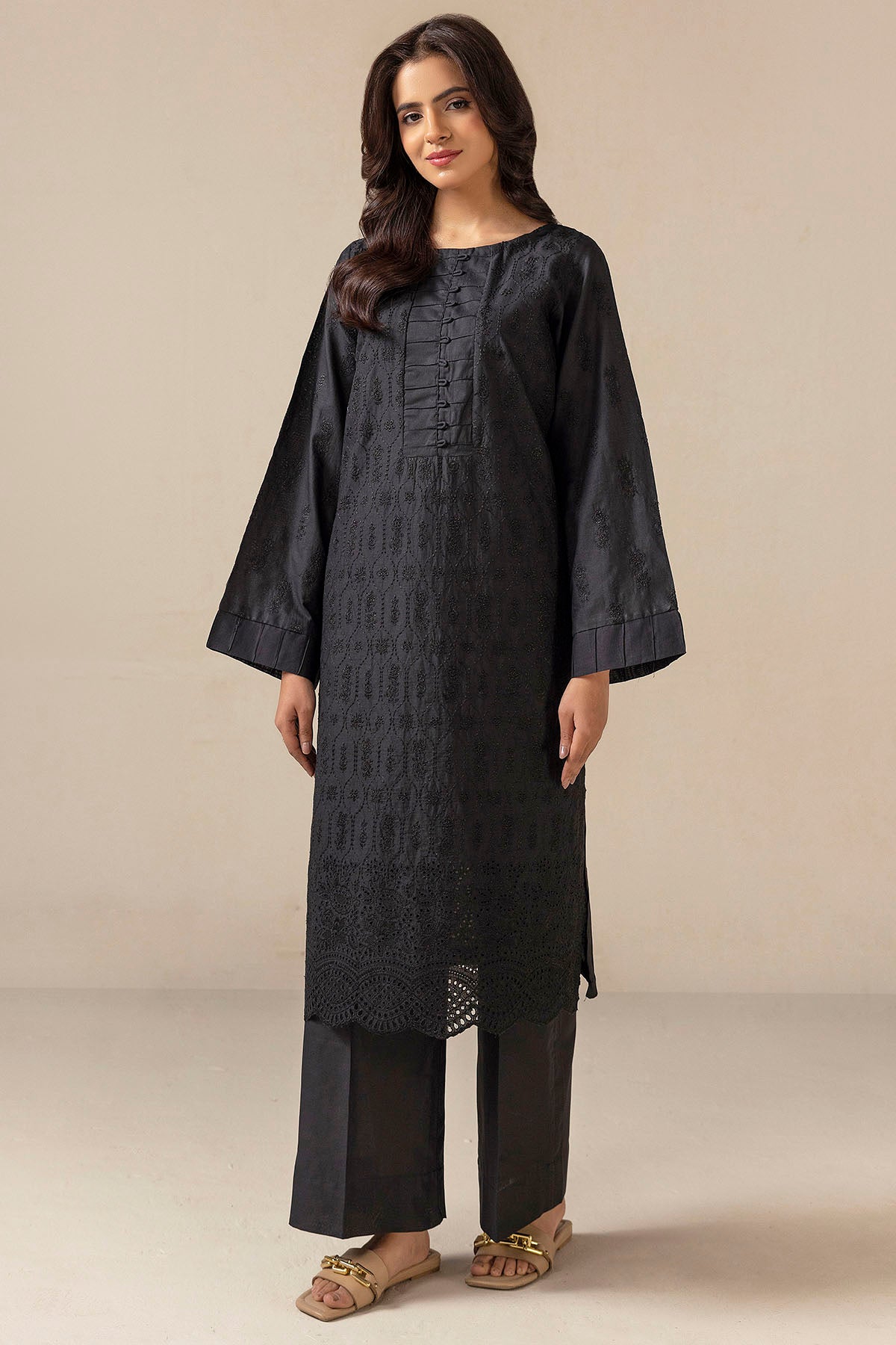 Black Schiffli Embroidered Cambric Lawn Salwar Kameez (2-Piece) - Image 2