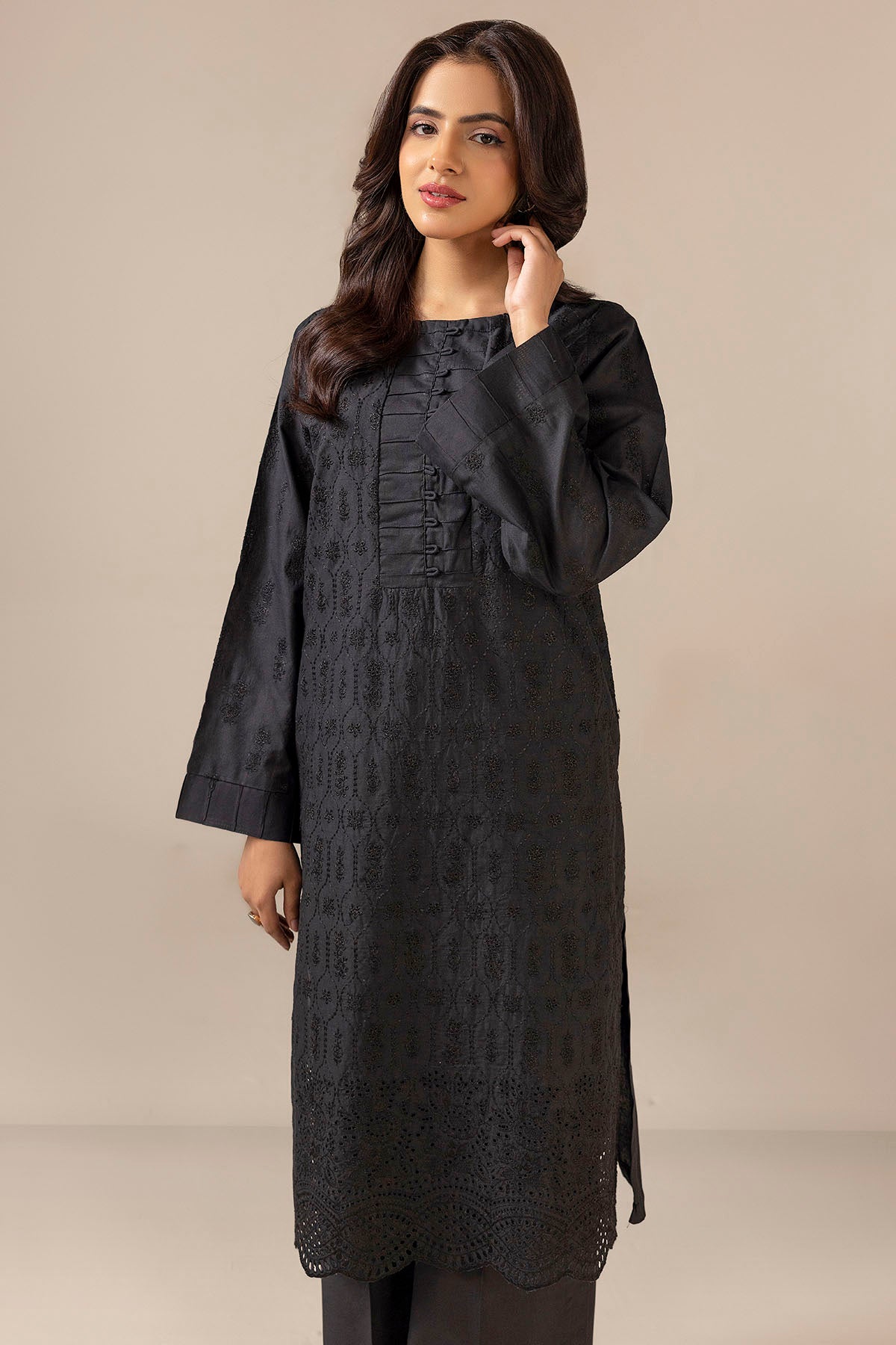 Black Schiffli Embroidered Cambric Lawn Salwar Kameez (2-Piece) - Image 3