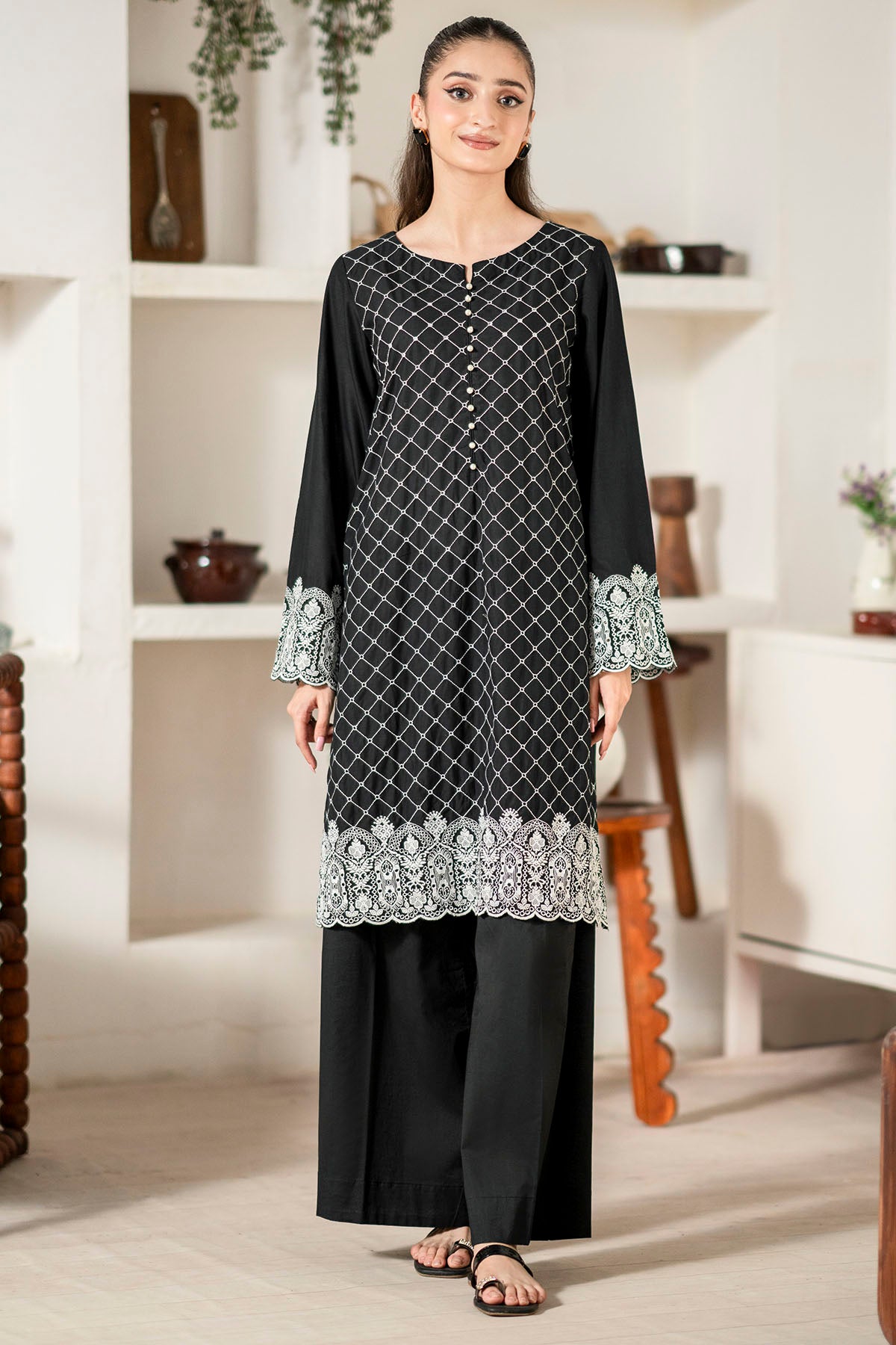Black Schiffli Embroidered Cambric Lawn Salwar Kameez (2-Piece) - Image 1