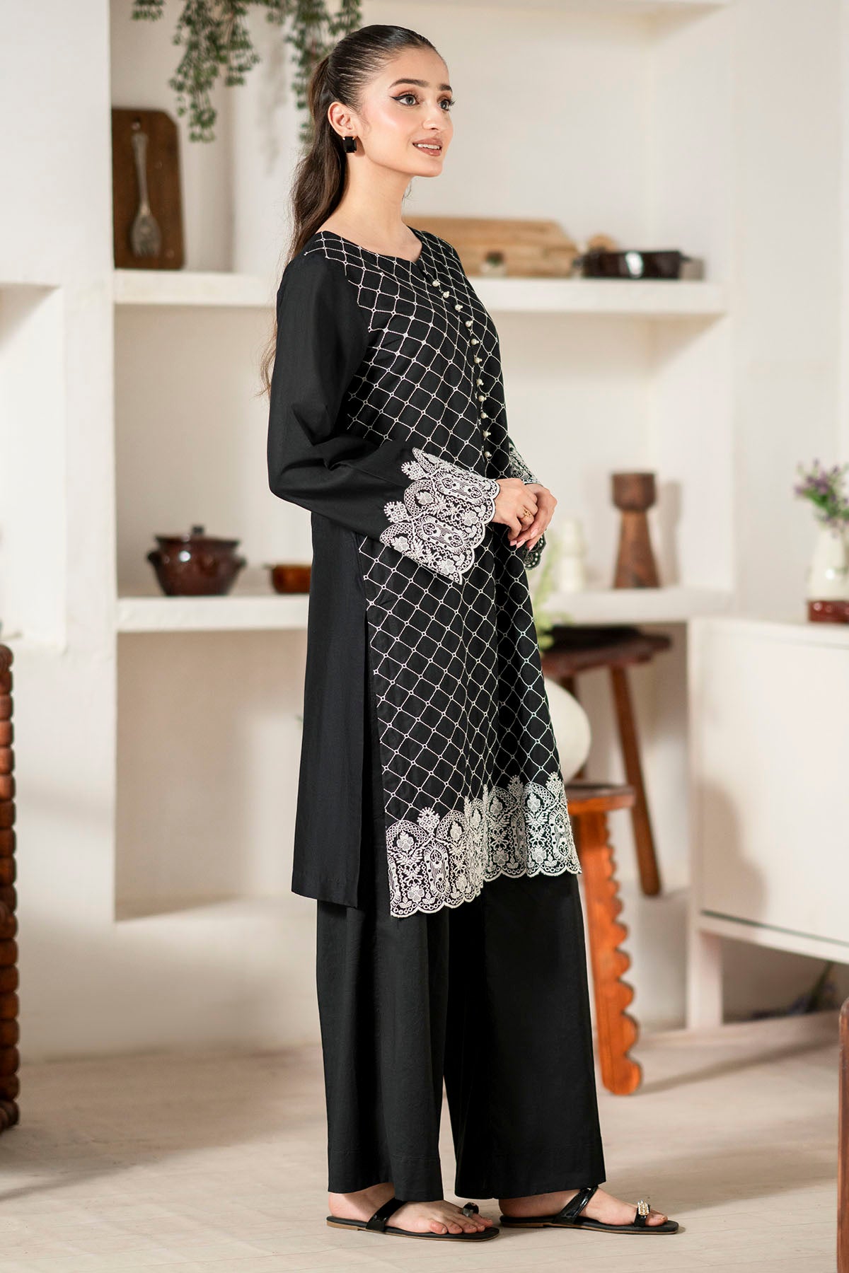 Black Schiffli Embroidered Cambric Lawn Salwar Kameez (2-Piece) - Image 2