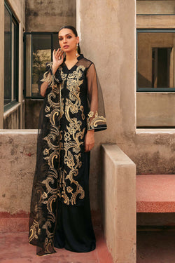 Pakistani Black Embroidered Chamois Silk & Net Salwar Kameez (3-Piece) - Image 1