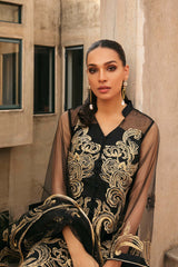 Pakistani Black Embroidered Chamois Silk & Net Salwar Kameez (3-Piece) - Image 3