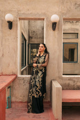 Pakistani Black Embroidered Chamois Silk & Net Salwar Kameez (3-Piece) - Image 5