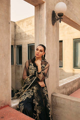 Pakistani Black Embroidered Chamois Silk & Net Salwar Kameez (3-Piece) - Image 6