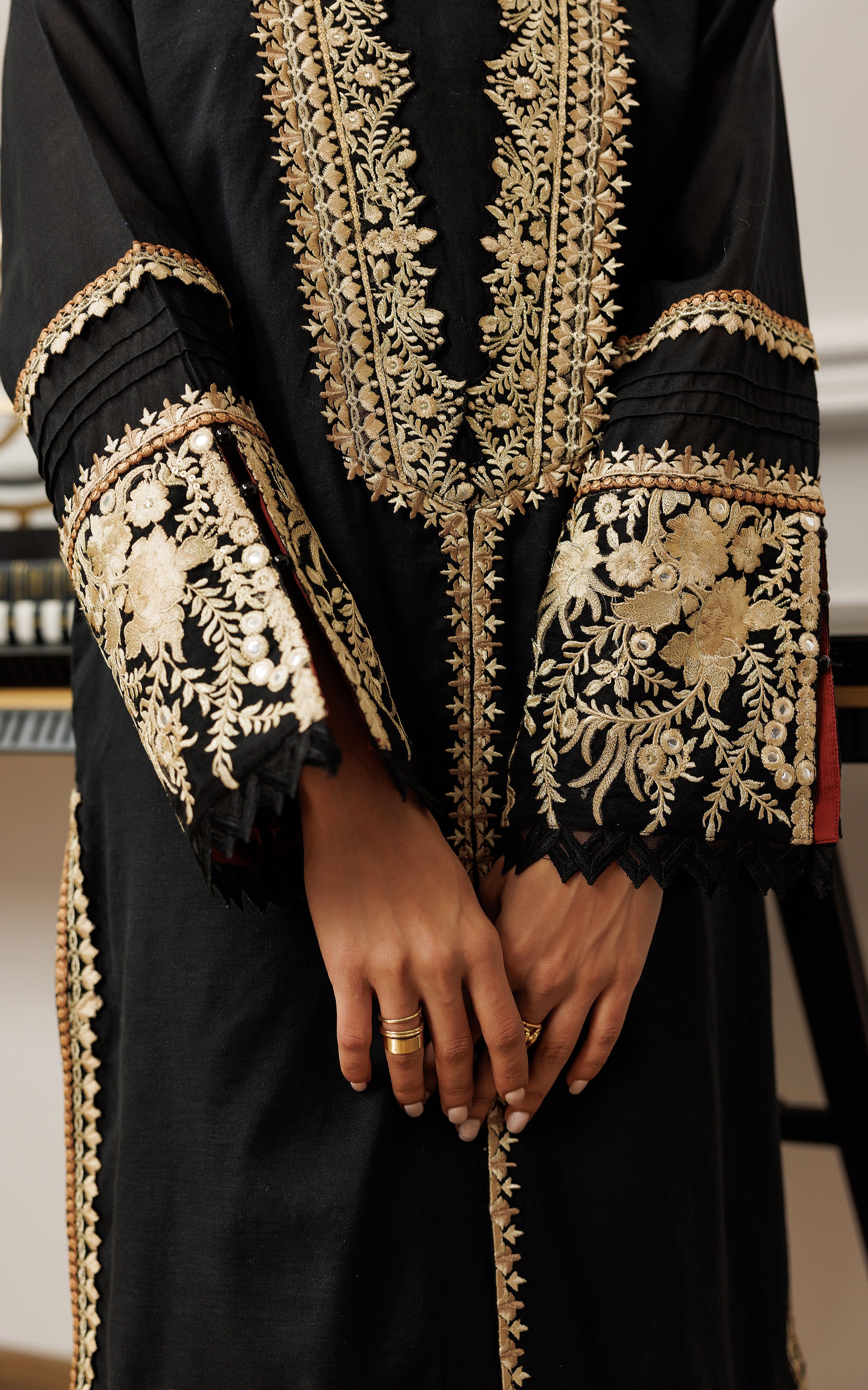 Pakistani Black Chanderi Embroidered 3-Piece Suit - Image 4