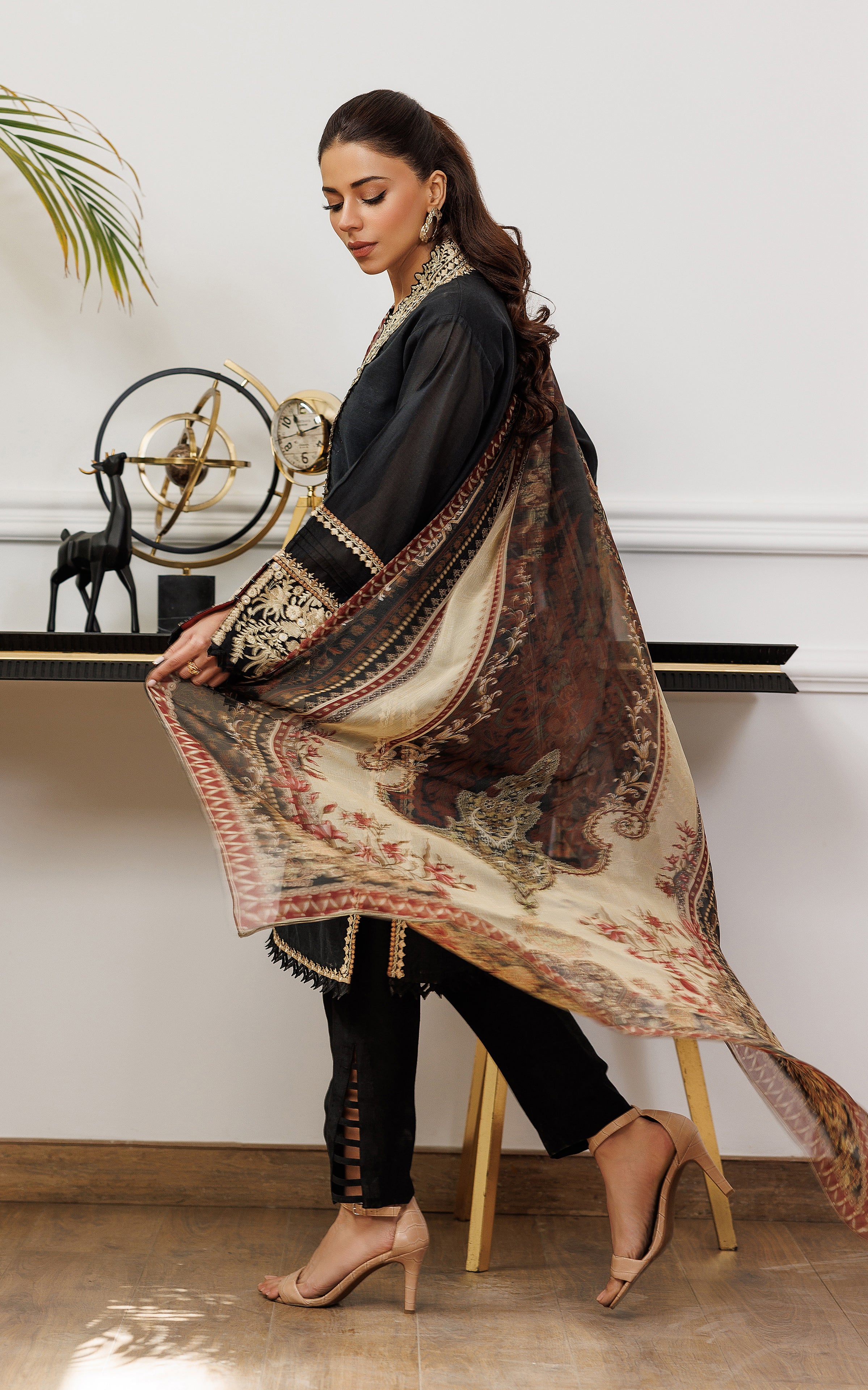 Pakistani Black Chanderi Embroidered 3-Piece Suit - Image 6