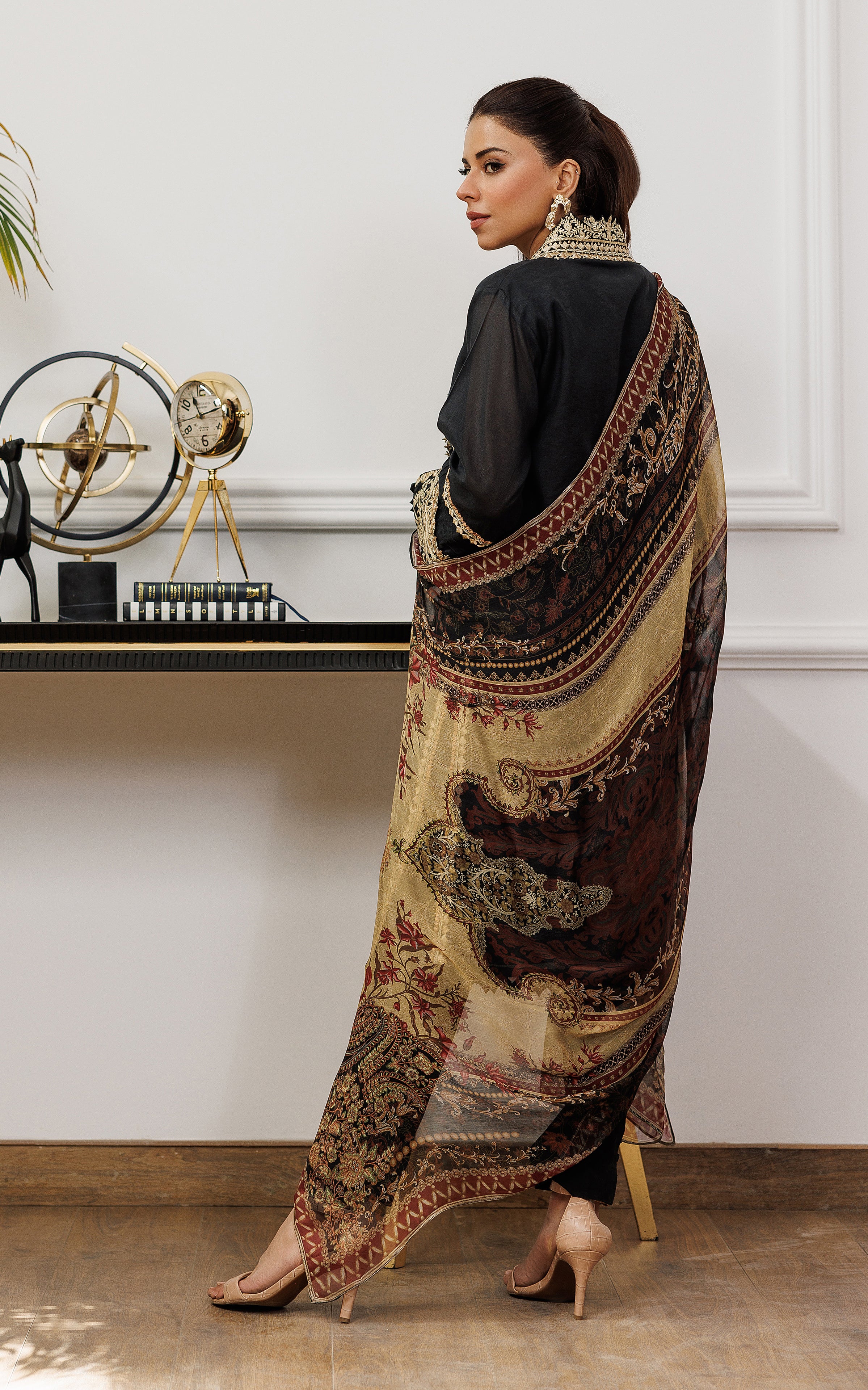 Pakistani Black Chanderi Embroidered 3-Piece Suit - Image 7