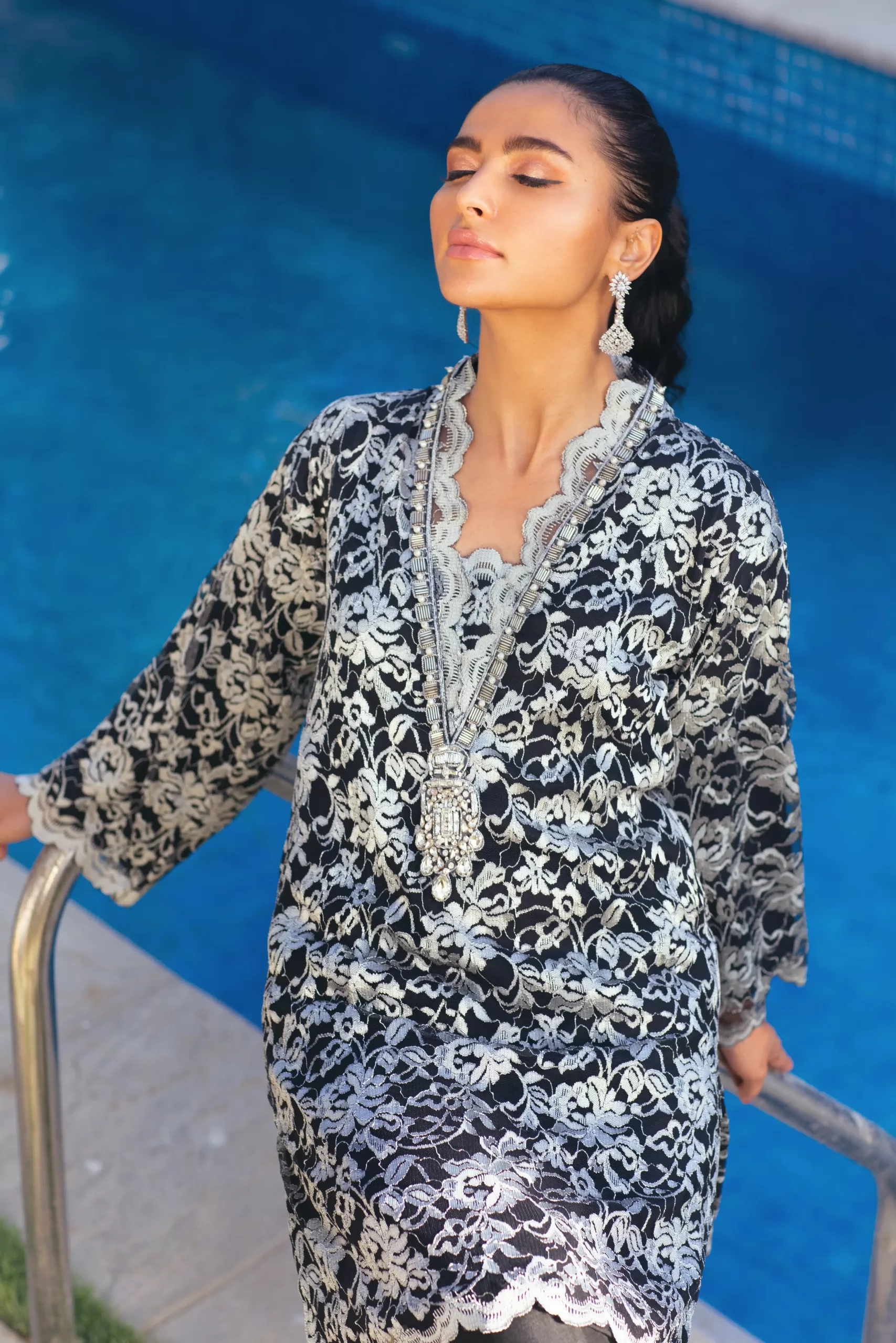 Pakistani Black Chantilly Lace Salwar Kameez (2-Piece) - Image 4