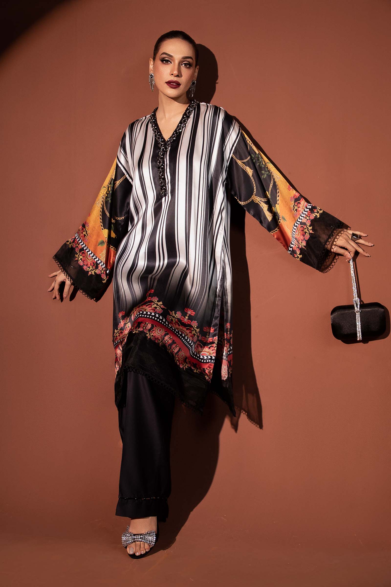 Pakistani Black & White Embroidered Pure Charmeuse Silk Suit (3-Piece) - Image 3