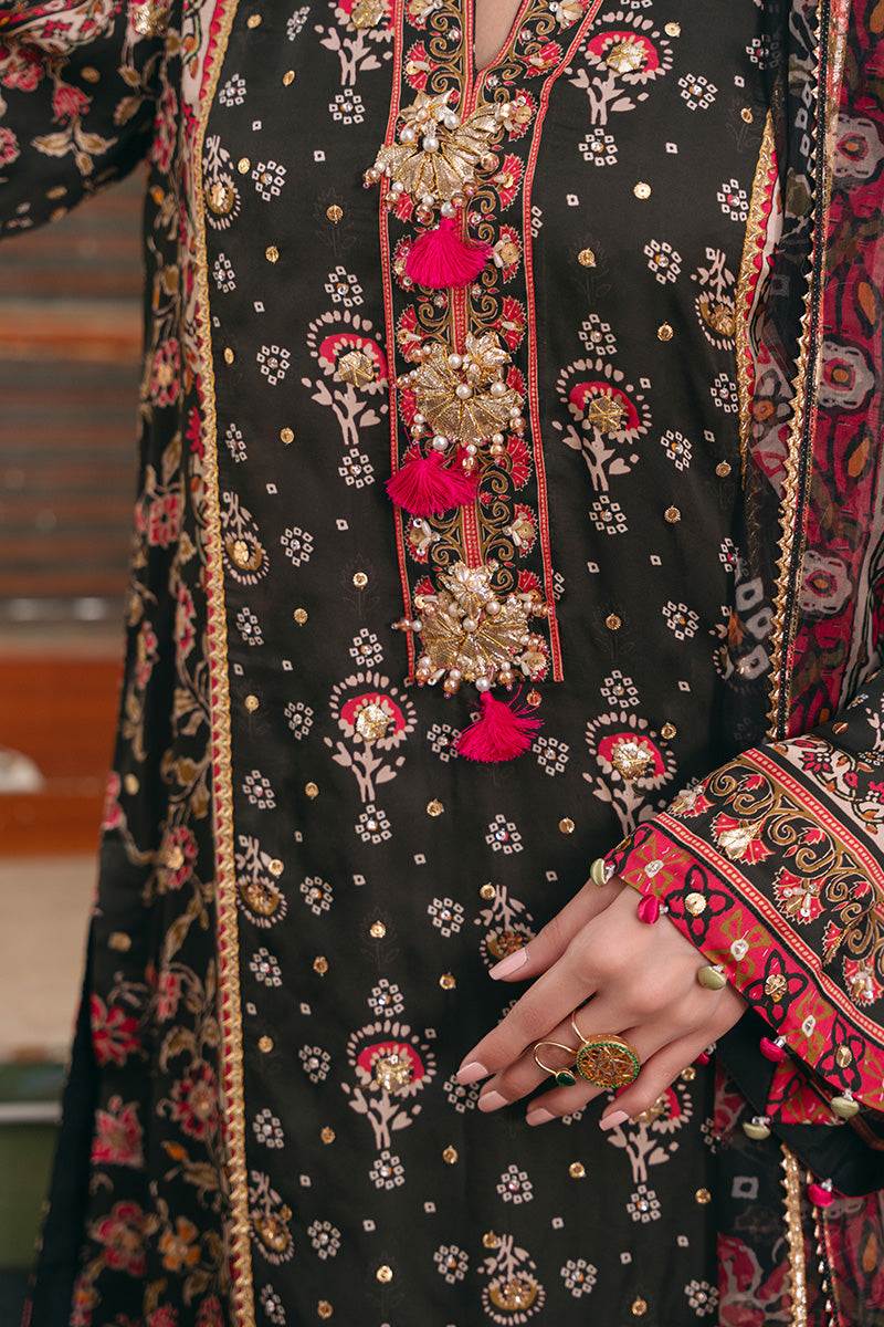 Pakistani Black Gota & Stone Charmeuse Silk Kurta (3-Piece) - Image 2