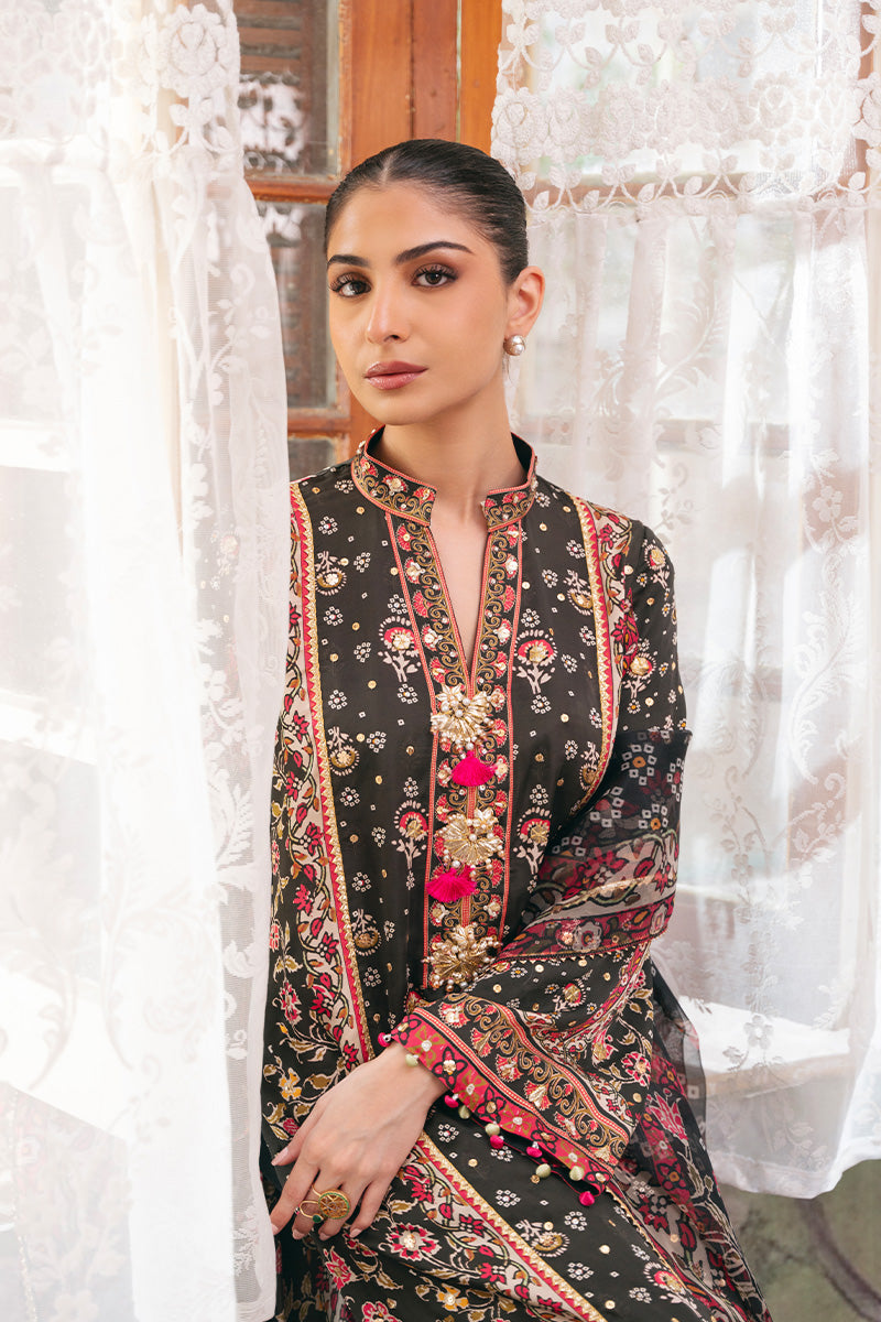 Pakistani Black Gota & Stone Charmeuse Silk Kurta (3-Piece) - Image 5