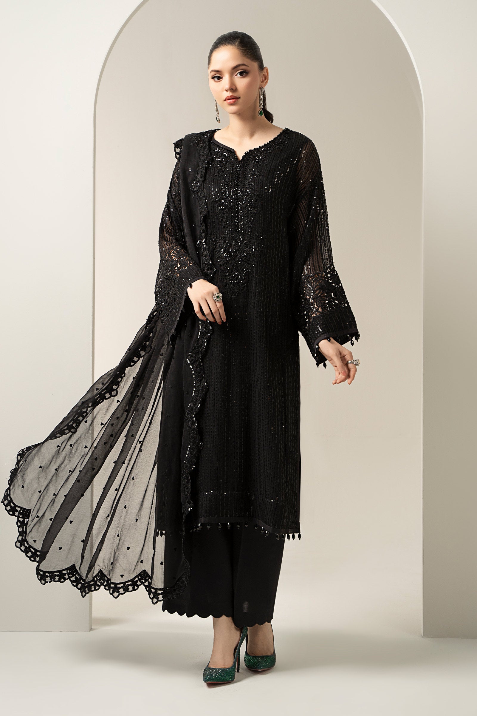 Black Embroidered Chiffon 3-Piece Suit (Eid) - Image 1