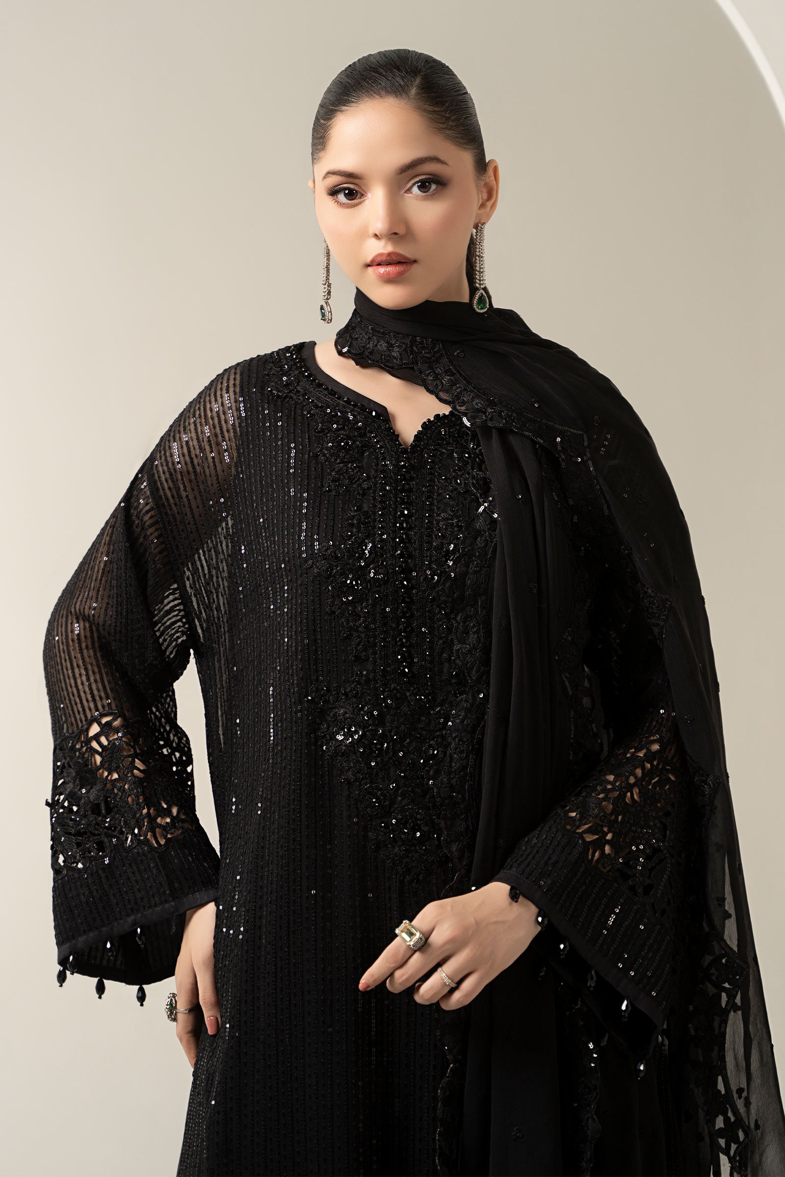 Black Embroidered Chiffon 3-Piece Suit (Eid) - Image 2