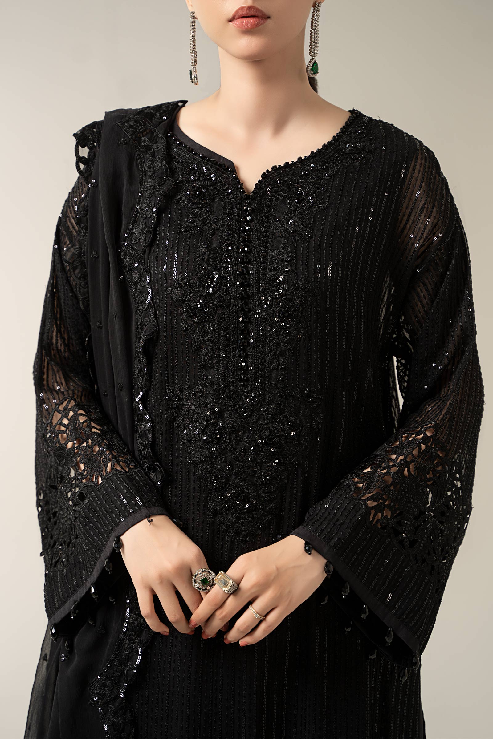 Black Embroidered Chiffon 3-Piece Suit (Eid) - Image 3