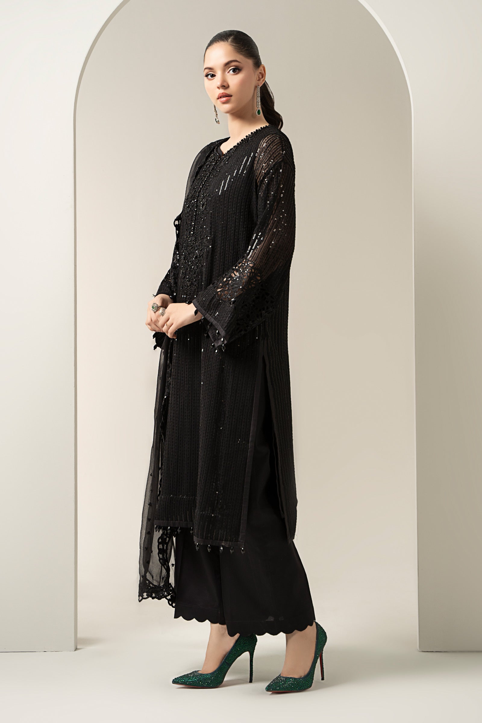 Black Embroidered Chiffon 3-Piece Suit (Eid) - Image 5