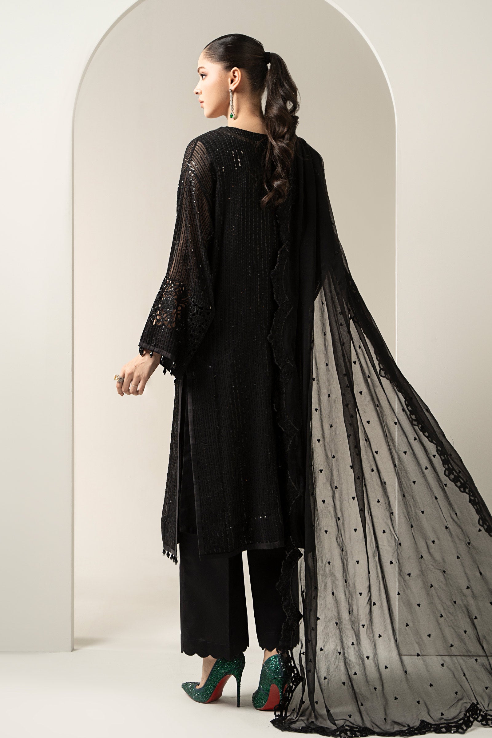Black Embroidered Chiffon 3-Piece Suit (Eid) - Image 6
